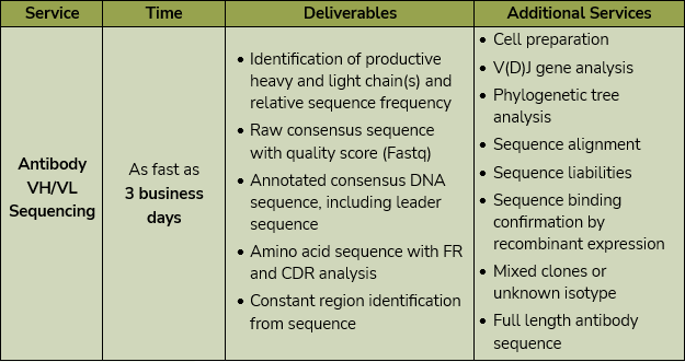 A table explaining the antibody sequencing services and other related services